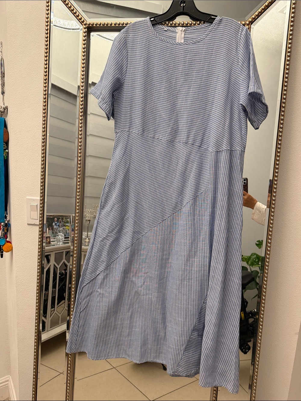 Light Blue Striped Midi Dress with Asymmetric Paneling